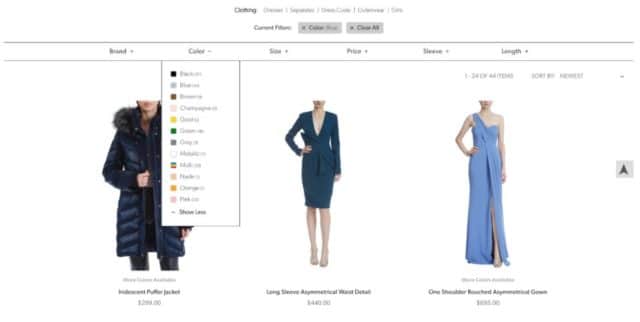 colors on ecommerce faceted search. Womens puffy coat in black. 2 Womens dresses in light blue and navy. 