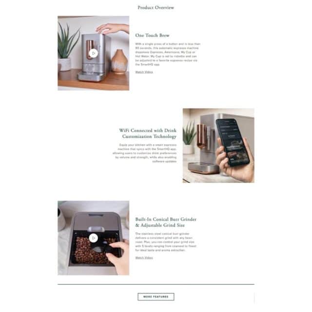 cafe coffee maker product detail page - showing how to use it and features 