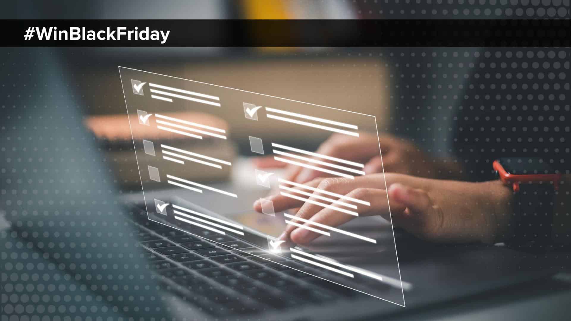 Computer screen with hands clicking through to demonstrate a tech stack audit for ecommerce sites _ Black Friday tag in corner