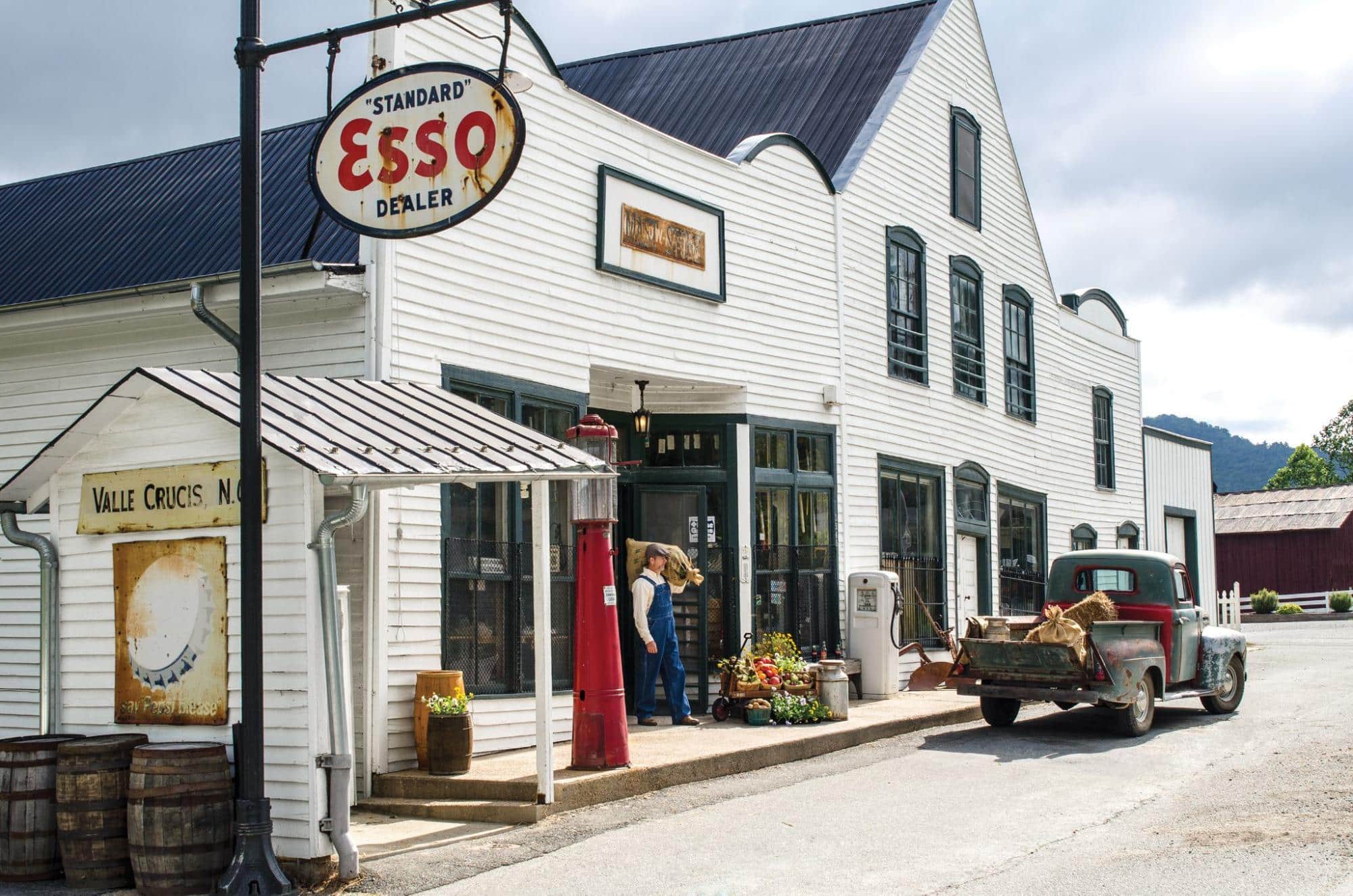 Mast General Store _ White Building Store Front, old pickup truck in front, fuel pump