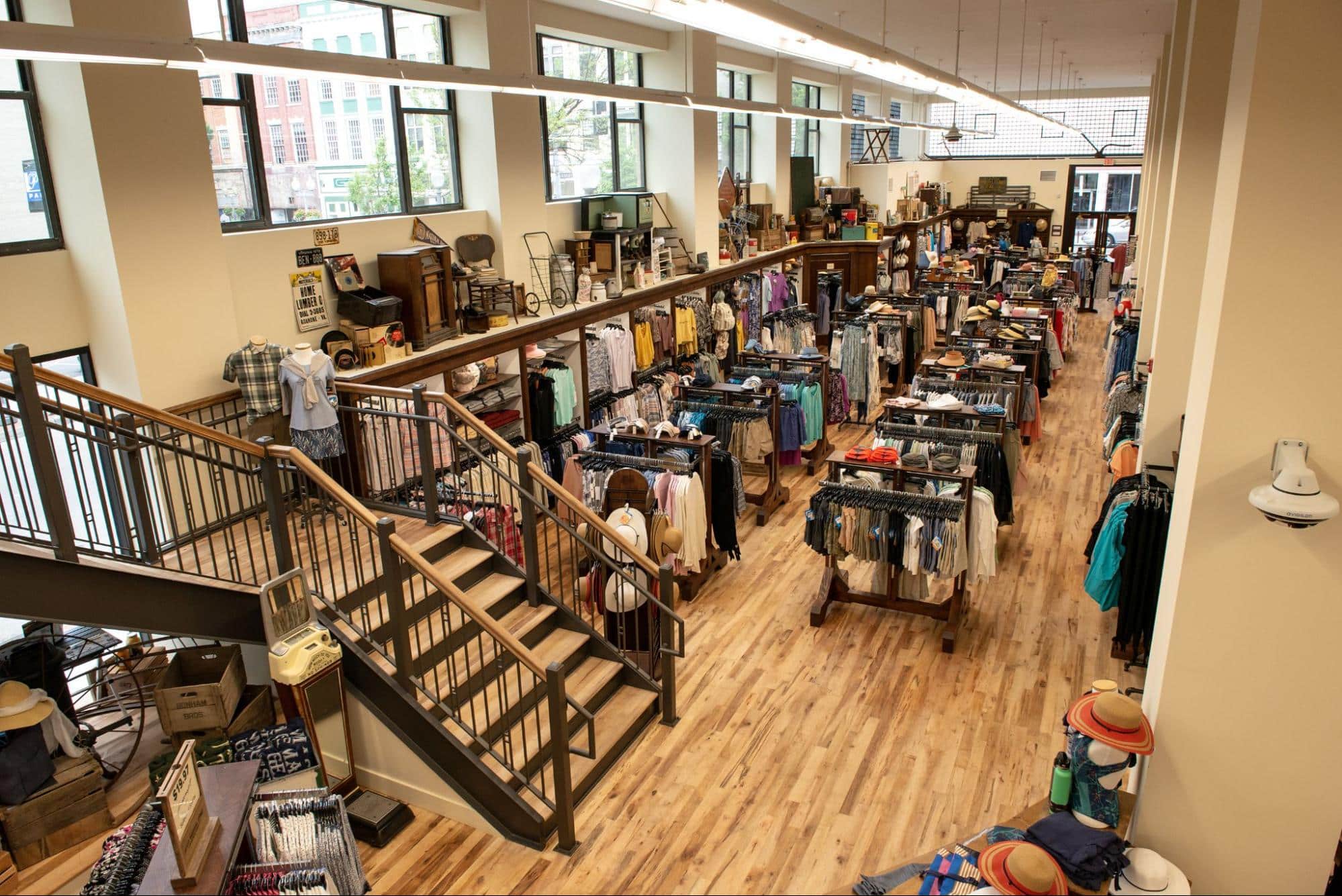 Mast General Store _ Inside Store. clothing on racks, clothing on shelves, two levels