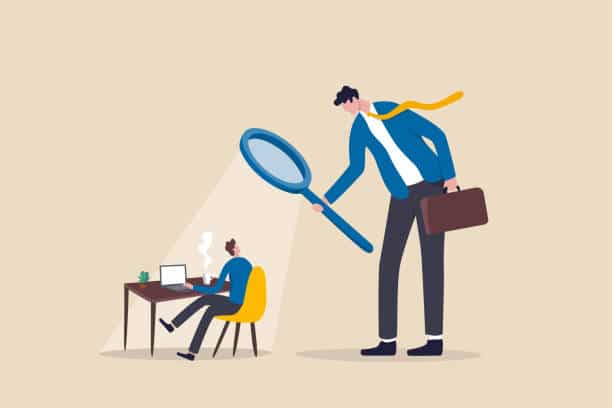 Micromanaging boss, toxic manager monitoring every details, excessive supervision and control of employee work and processes, micromanager boss using magnifying glass keep looking at employee working.