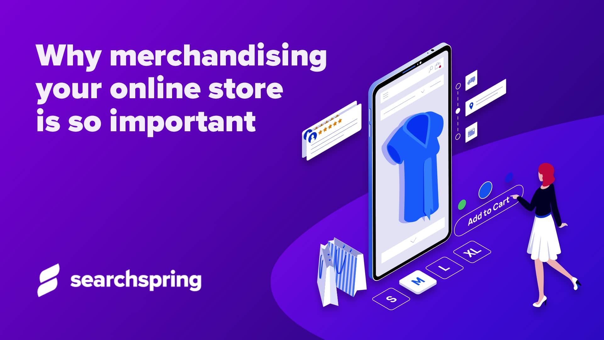 Text: why merchandising your online store is so important; Tablet with tshirt and people around