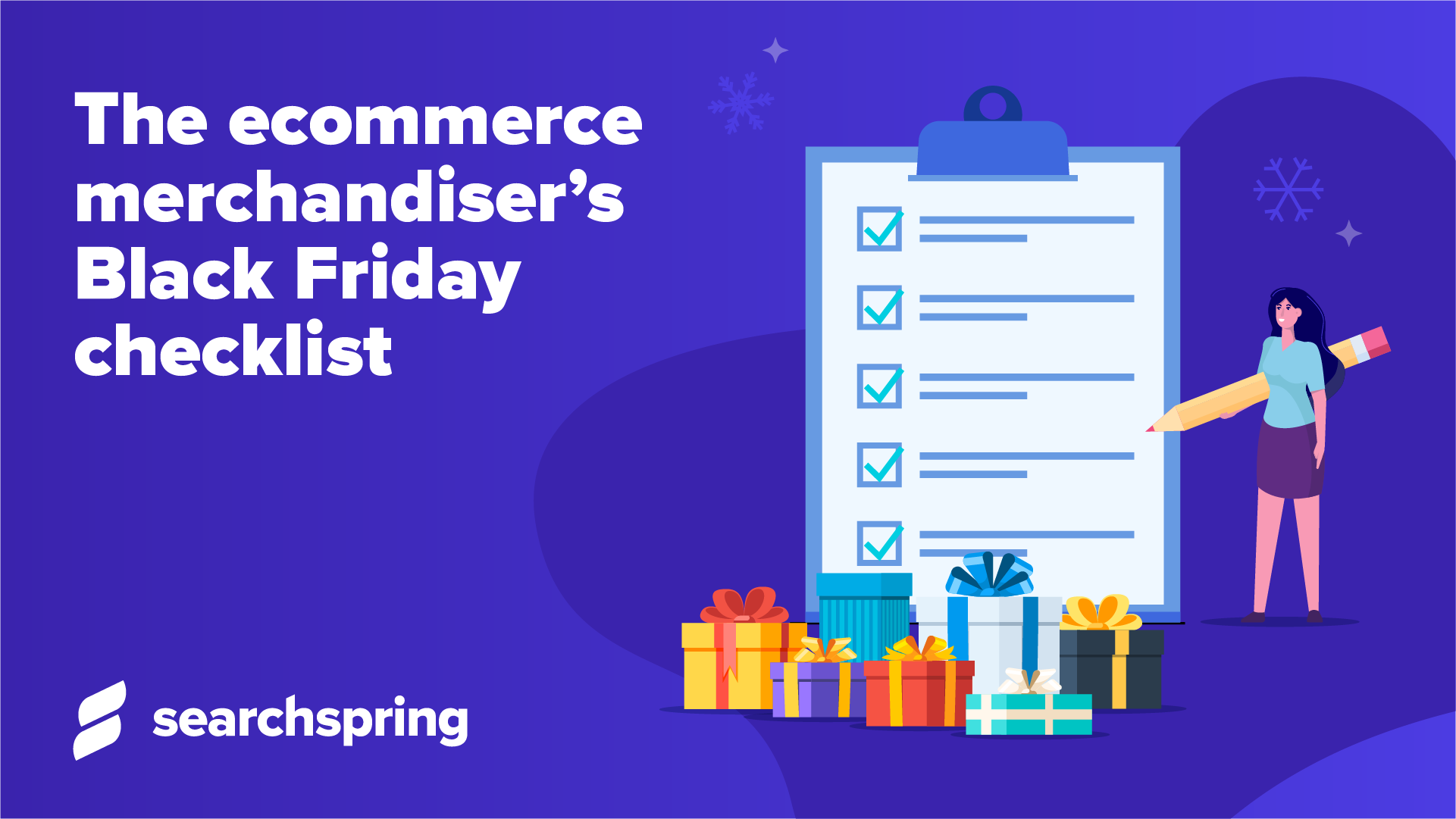 Checklist with people icons on blue background. Searchspring logo; TEXT: ecommerce merchandisers black friday checklist