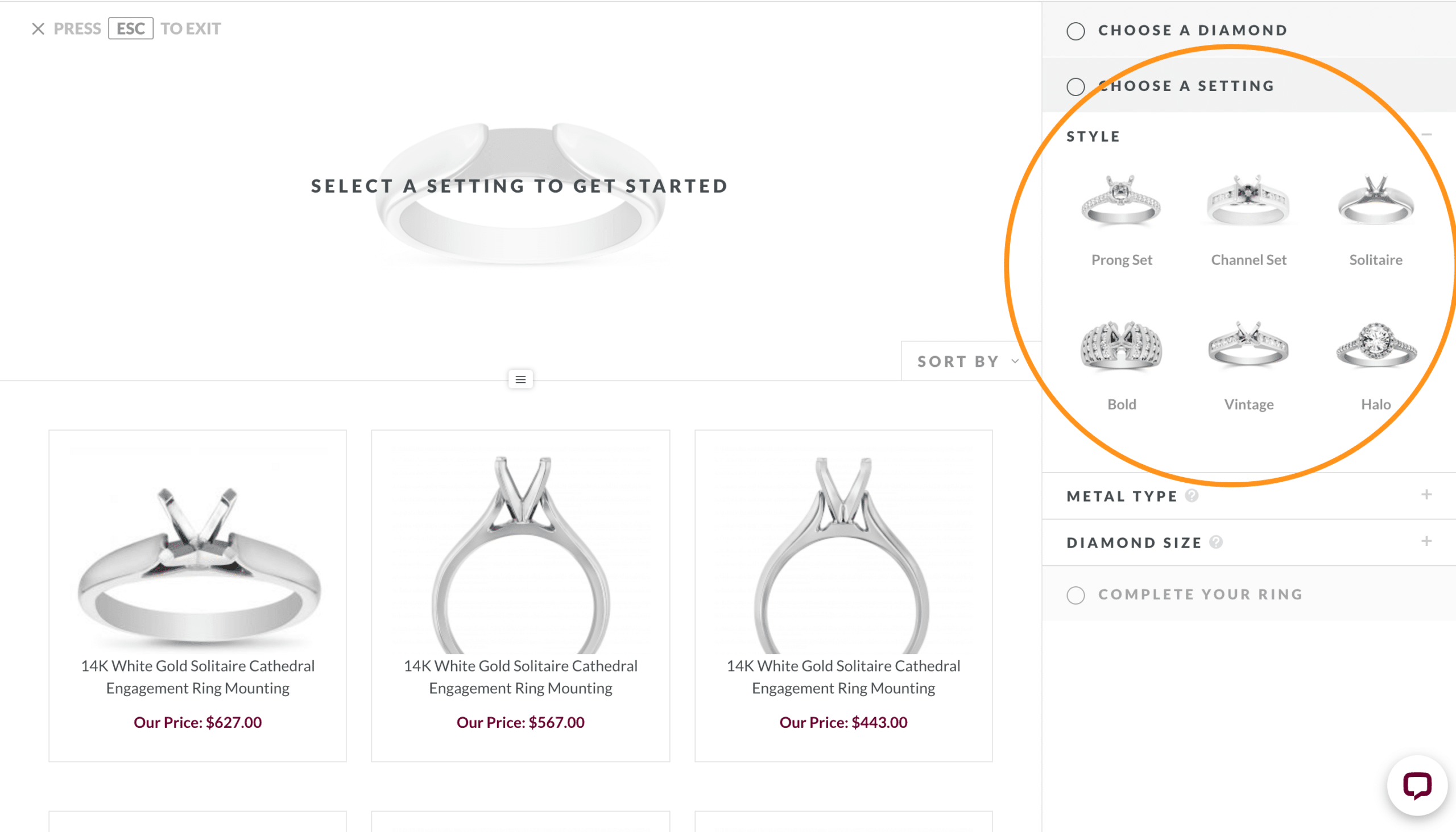 Borsheims product page featuring diamond ring settings - showing faceted filtering from searchspring