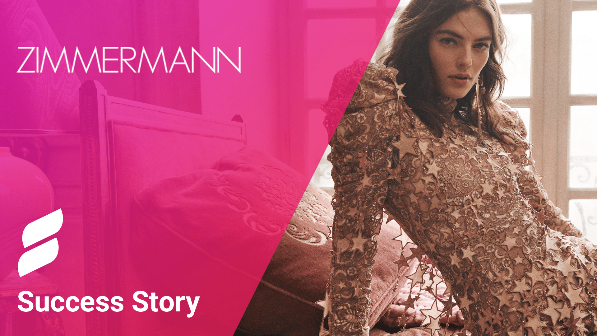 Woman in beige ZIMMERMANN dress leaning on couch. Pink background diagonal across. 