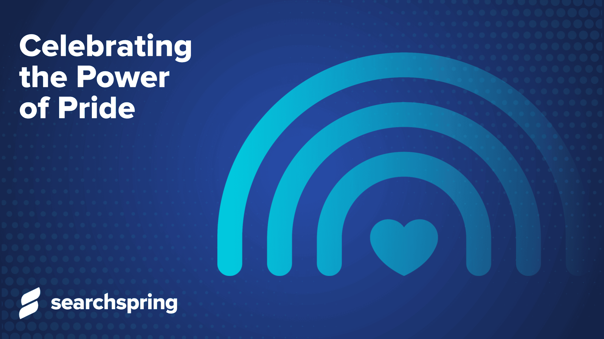 Heart on blue background. Searchspring logo. Text: Celebrating the Power of Pride