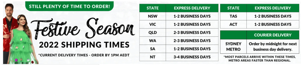 Costume Box Festive Season  _ shows delivery times and expectations for ordering