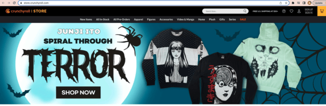 crunch roll homepage featuring Halloween with "Shop Now" Call to Action