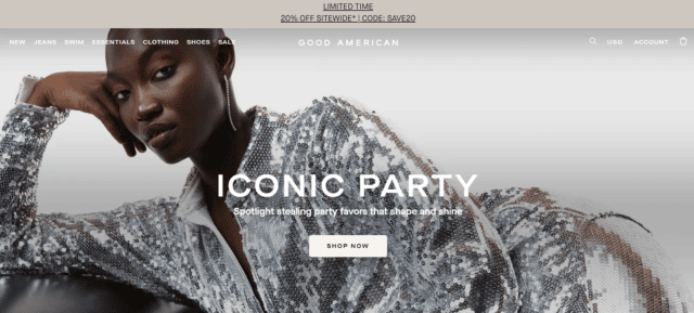 Good American merchandising - ICONIC PARTY showing an African American woman with short hair in a silver sequin dress