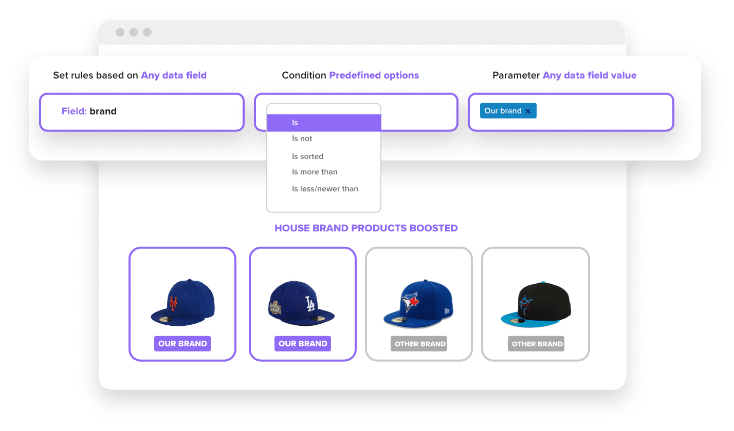 Boosted products: setting up a campaign with Searchspring. Image: Four baseball caps and fields for inputting campaign criteria. 