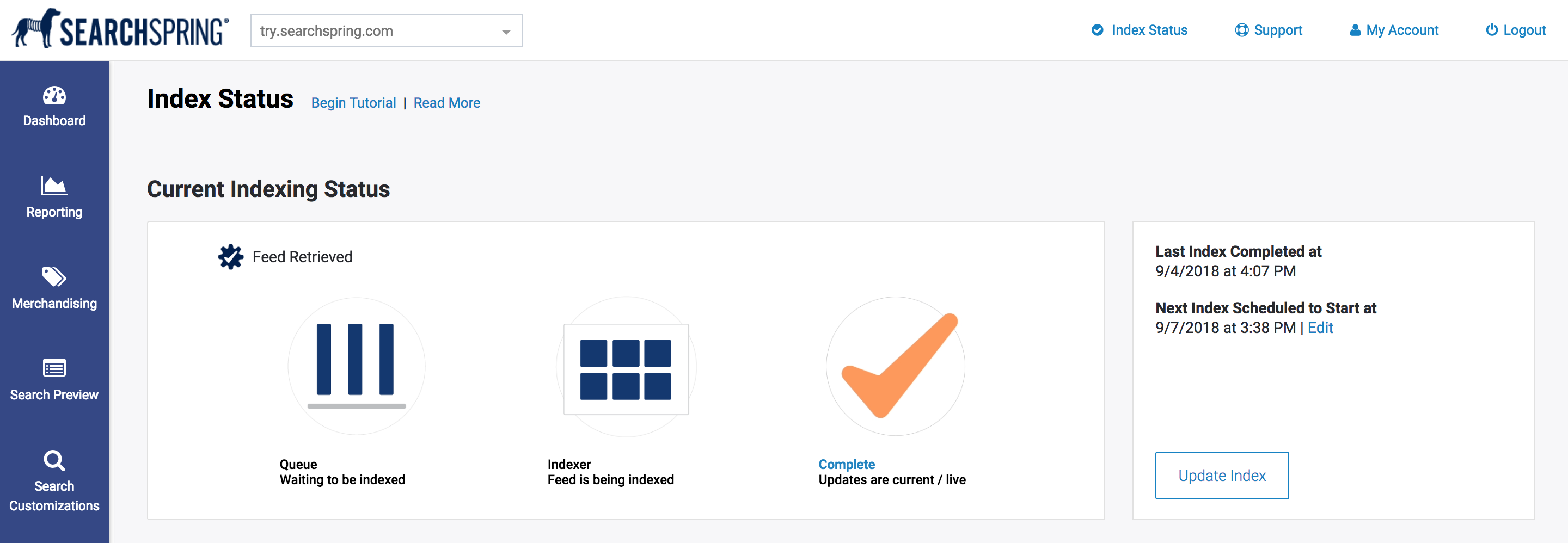 redesign searchspring managment console index status