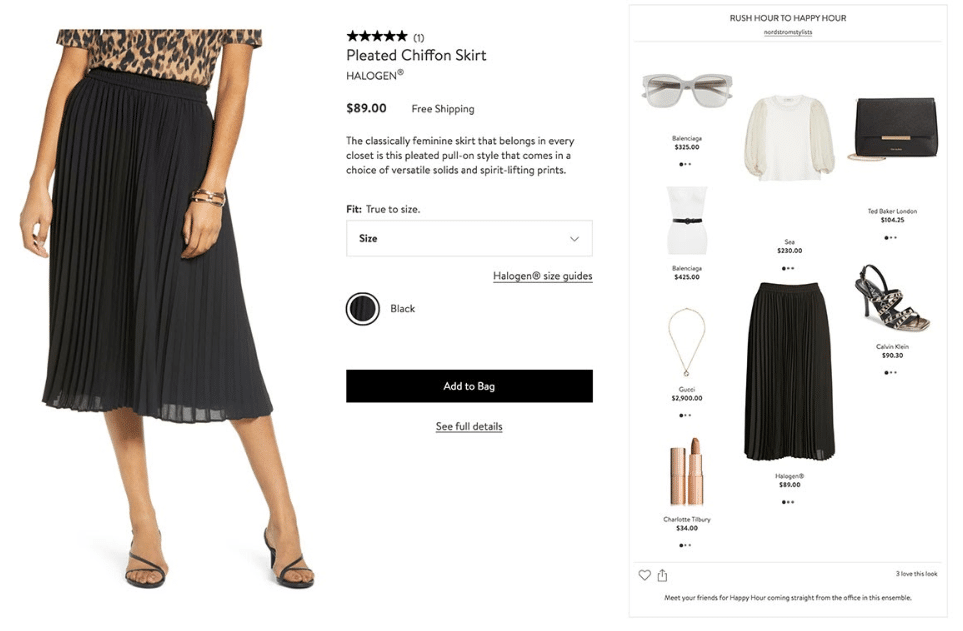 Nordstrom product page featuring women's black pleated midi skirt. Shows ways to style the skirt with a description, price, and reviews. 