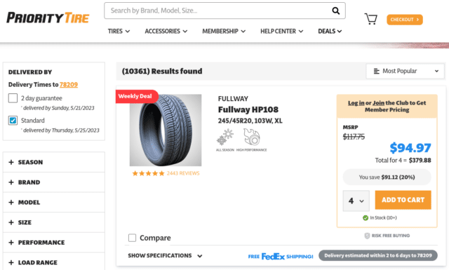 Priority Tire Shipping  Banner to show merchandising tool _ weekly deal badge, delivery time 2-4 days from fedex, showing tired for SUV