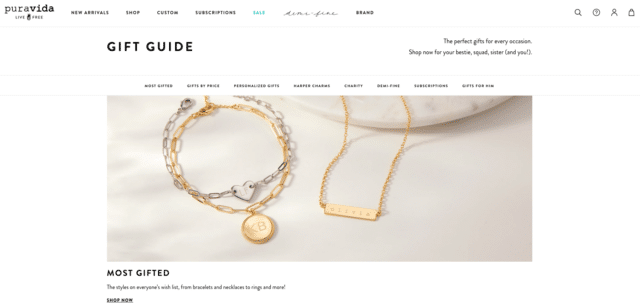 Pura Vida gift guide landing page _ most gifted featured with a banner showing a gold and silver braclet and a gold bar necklace _ CTa is "shop now"