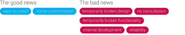 Quick install table - The Good News: easy to install, some customization; The Bad News: temp broken design, no consultation, temp broken functionality, internal development, reliability