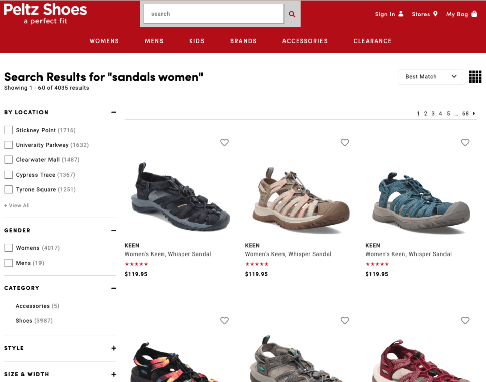 Peltz Shoes website; womens sandals search results based on previous shopper behavior (athletic sandals)