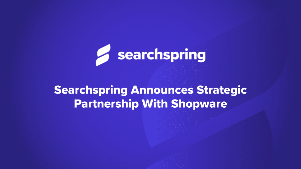 Searchspring Announces Strategic Partnership With Shopware (in text) _ Searchspring logo, blude backgrouns