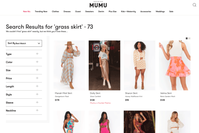 show me your mumu logo; search results for "Grass skirt" - no results. "We Think You'll Like These Instead" followed by suggestions