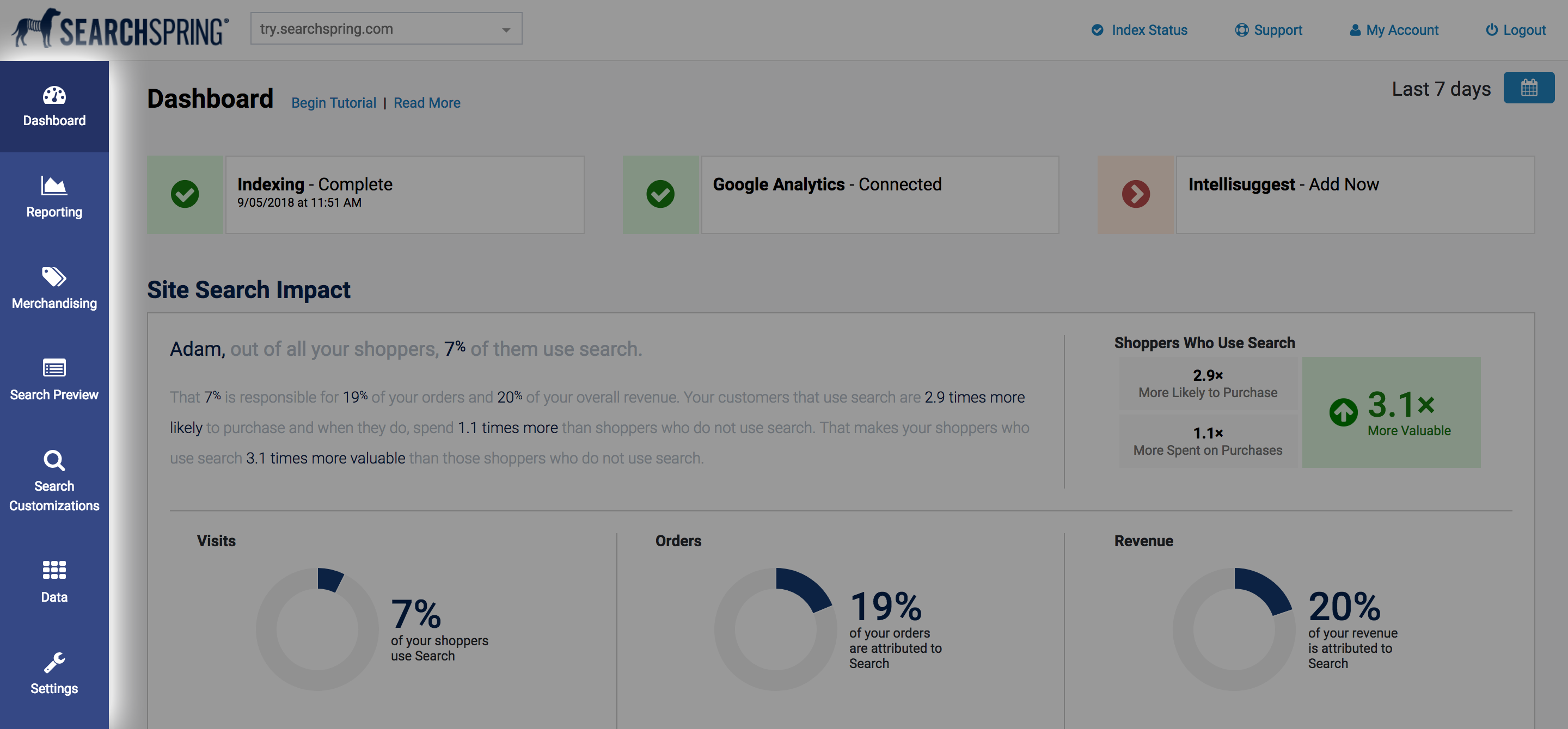 searchspring managment console side nav