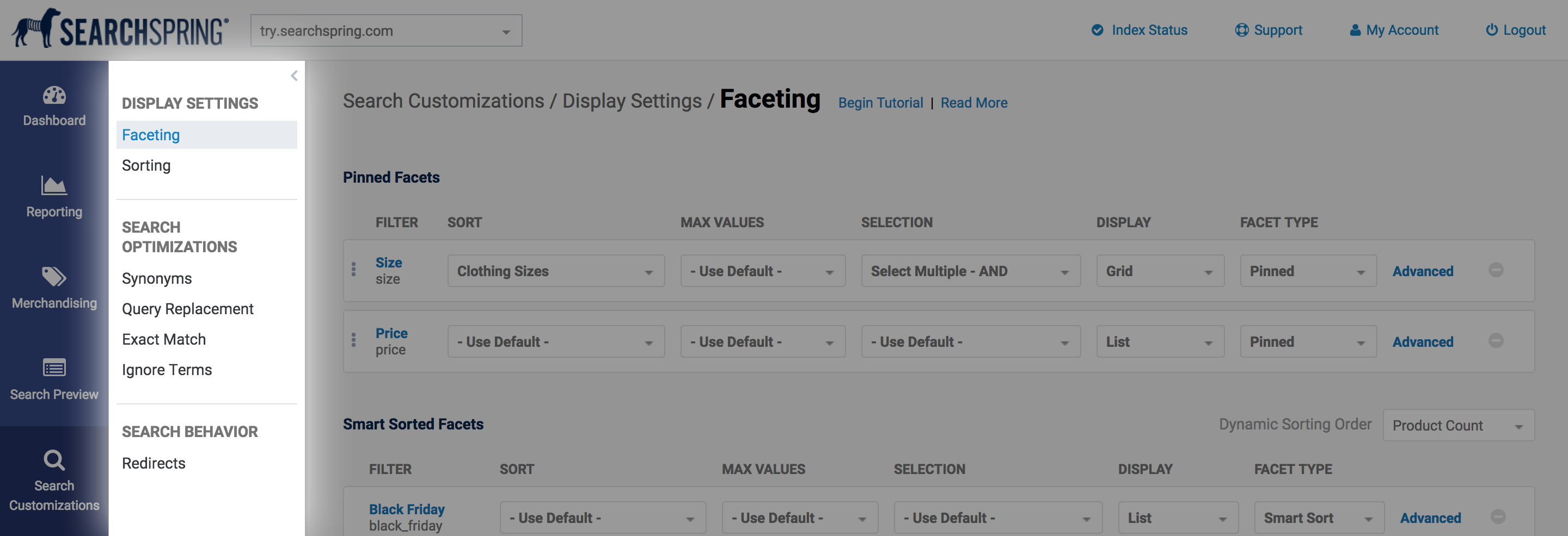 searchspring managment console sub nav