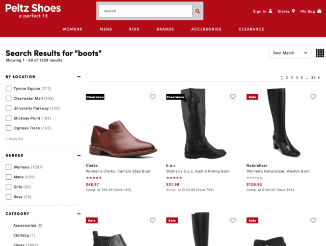 peltz shoes displaying womens boots; search was for "boots"; displays personalization by not showing mens or kids boots